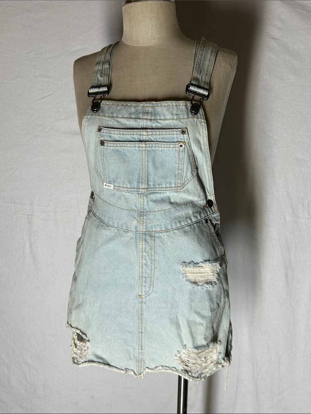 RVCA Light Blue Distressed Denim Overall Skort
